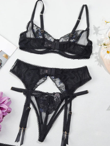 Kanten Lingerie Set met Jarretelgordel – Bloemen & Kant