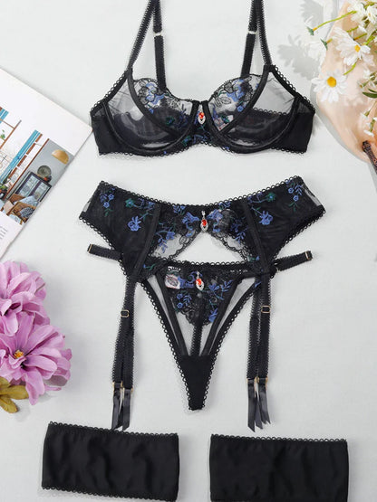 Kanten Lingerie Set met Jarretelgordel – Bloemen & Kant